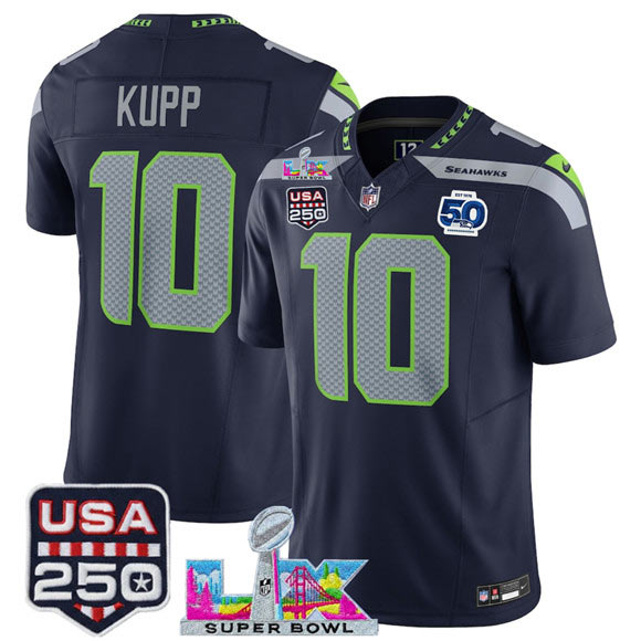Men's Seattle Seahawks 10 Cooper Kupp Navy 2025 F.U.S.E. Super Bowl LX Patch And 50th Season Patch Vapor Limited Football Stitched Jersey