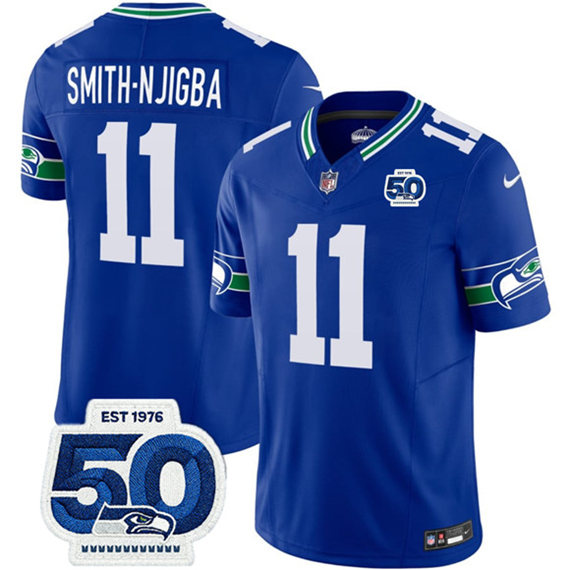 Men's Seattle Seahawks 11 Jaxon Smith Njigba 2025 F.U.S.E 50th Anniversary Patch Throwback Vapor Limited Football Stitched Jersey