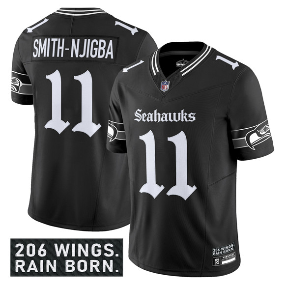 Men's Seattle Seahawks 11 Jaxon Smith Njigba Black 2025 F.U.S.E. 'Gothic Rain City Shadows Edition' Vapor Limited Football Stitched Jersey