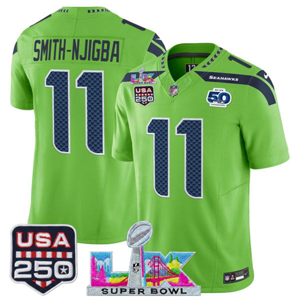 Men's Seattle Seahawks 11 Jaxon Smith Njigba Green 2025 F.U.S.E. Super Bowl LX Patch And 50th Season & USA 250' Patch Vapor Limited Football Stitched Jersey