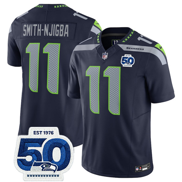 Men's Seattle Seahawks 11 Jaxon Smith Njigba Navy 2025 F.U.S.E. 50th Anniversary Patch Vapor Limited Football Stitched Jersey