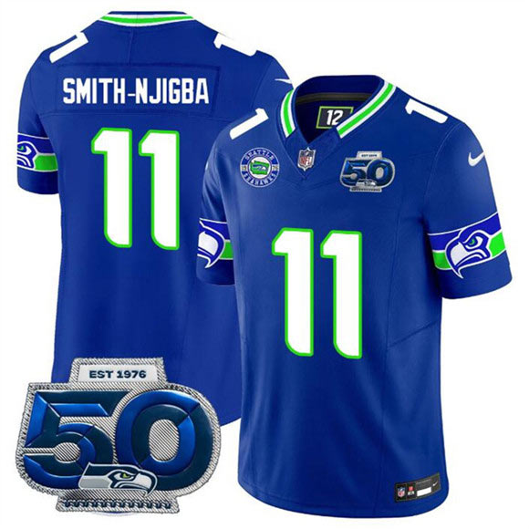 Men's Seattle Seahawks 11 Jaxon Smith Njigba Royal 2025 F.U.S.E 50th Season Patch Throwback Vapor Limited Football Stitched Jersey
