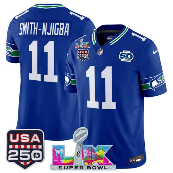 Men's Seattle Seahawks 11 Jaxon Smith Njigba Royal 2025 F.U.S.E. Super Bowl LX Patch And 50th Season & USA 250' Patch Vapor Throwback Limited Football Stitched Jersey