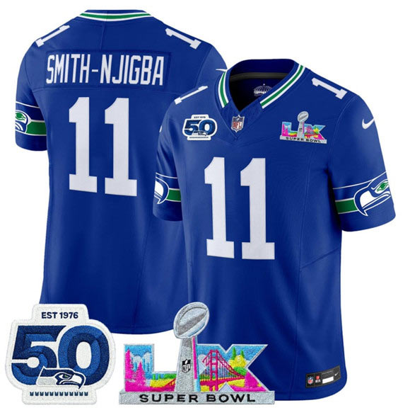 Men's Seattle Seahawks 11 Jaxon Smith Njigba Royal 2025 F.U.S.E. Super Bowl LX Patch And 50th Season Patch Vapor Throwback Limited Football Stitched Jersey