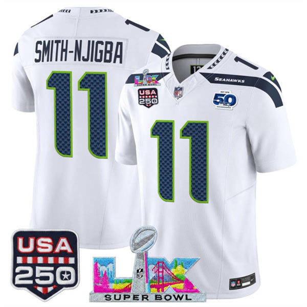 Men's Seattle Seahawks 11 Jaxon Smith Njigba White 2025 F.U.S.E. Super Bowl LX Patch And 50th Season & USA 250' Patch Vapor Limited Football Stitched Jersey