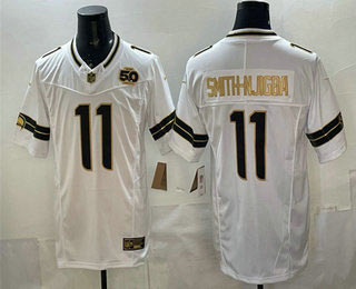 Men's Seattle Seahawks 11 Jaxon Smith Njigba White Gold 2025 FUSE 50th Season Patch Limited Stitched Jersey