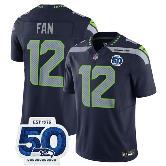 Men's Seattle Seahawks 12 Fan Navy 2025 F.U.S.E. 50th Anniversary Patch Vapor Limited Football Stitched Jersey
