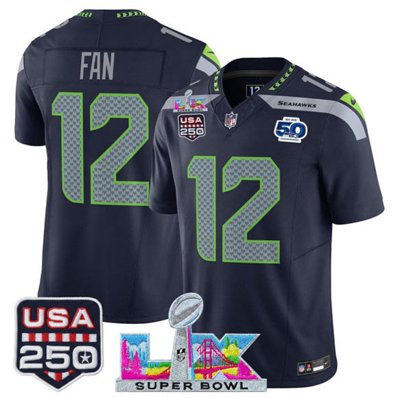 Men's Seattle Seahawks 12 Fan Navy 2025 F.U.S.E. Super Bowl LX Patch And 50th Season Patch Vapor Limited Football Stitched Jersey