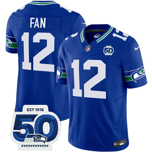 Men's Seattle Seahawks 12 Fan Royal 2025 F.U.S.E 50th Anniversary Patch Throwback Vapor Limited Football Stitched Jersey