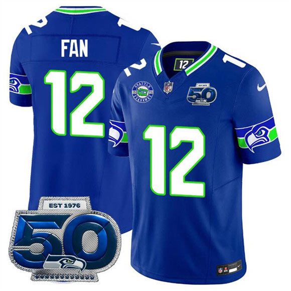 Men's Seattle Seahawks 12 Fan Royal 2025 F.U.S.E 50th Season Patch Throwback Vapor Limited Football Stitched Jersey