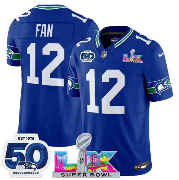 Men's Seattle Seahawks 12 Fan Royal 2025 F.U.S.E. Super Bowl LX Patch And 50th Season Patch Vapor Throwback Limited Football Stitched Jersey