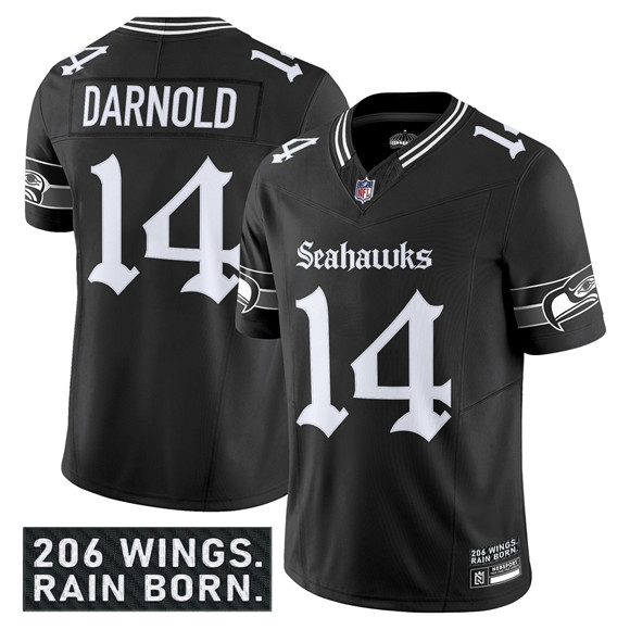 Men's Seattle Seahawks 14 Sam Darnold Black 2025 F.U.S.E. 'Gothic Rain City Shadows Edition' Vapor Limited Football Stitched Jersey