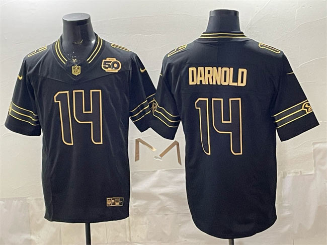 Men's Seattle Seahawks 14 Sam Darnold Black Gold 2025 F.U.S.E. 50th Season Patch Vapor Limited Stitched Football Jersey