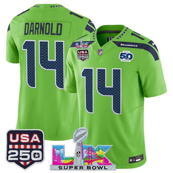 Men's Seattle Seahawks 14 Sam Darnold Green 2025 F.U.S.E. Super Bowl LX Patch And 50th Season & USA 250' Patch Vapor Limited Football Stitched Jersey