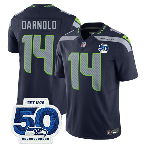 Men's Seattle Seahawks 14 Sam Darnold Navy 2025 F.U.S.E. 50th Anniversary Patch Vapor Limited Football Stitched Jersey