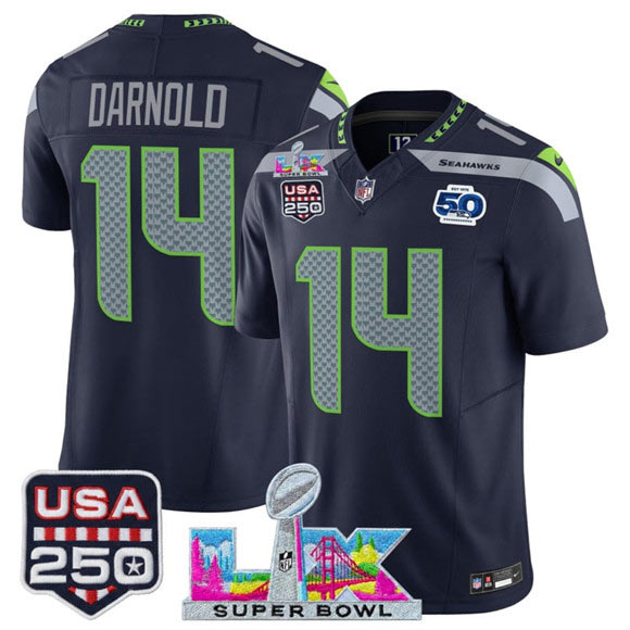Men's Seattle Seahawks 14 Sam Darnold Navy 2025 F.U.S.E. Super Bowl LX Patch And 50th Season & USA 250' Patch Vapor Throwback Limited Football Stitched Jersey