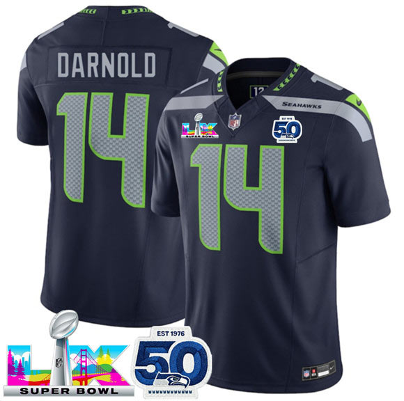 Men's Seattle Seahawks 14 Sam Darnold Navy 2025 F.U.S.E. Super Bowl LX Patch And 50th Season Patch Vapor Limited Football Stitched Jersey