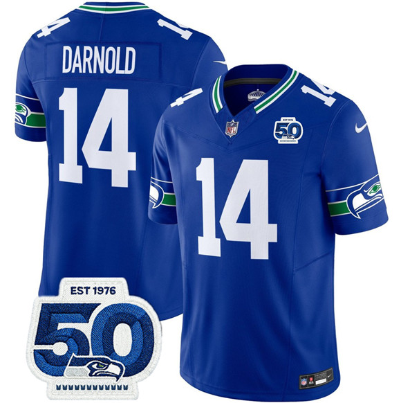 Men's Seattle Seahawks 14 Sam Darnold Royal 2025 F.U.S.E 50th Anniversary Patch Throwback Vapor Limited Football Stitched Jersey
