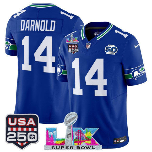 Men's Seattle Seahawks 14 Sam Darnold Royal 2025 F.U.S.E. Super Bowl LX Patch And 50th Season & USA 250' Patch Vapor Throwback Limited Football Stitched Jersey