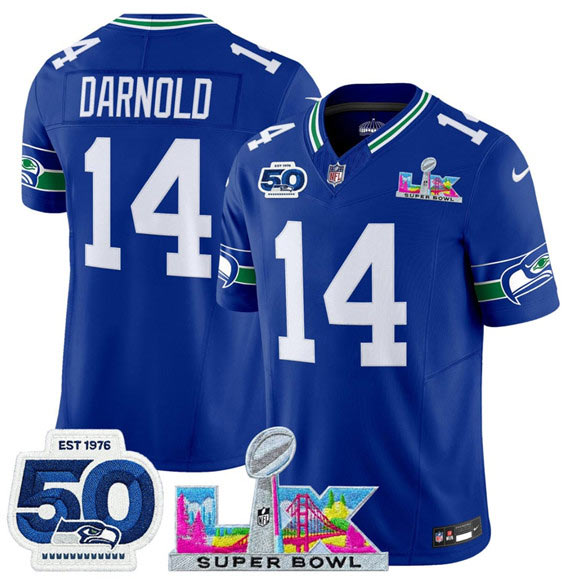 Men's Seattle Seahawks 14 Sam Darnold Royal 2025 F.U.S.E. Super Bowl LX Patch And 50th Season Patch Vapor Throwback Limited Football Stitched Jersey