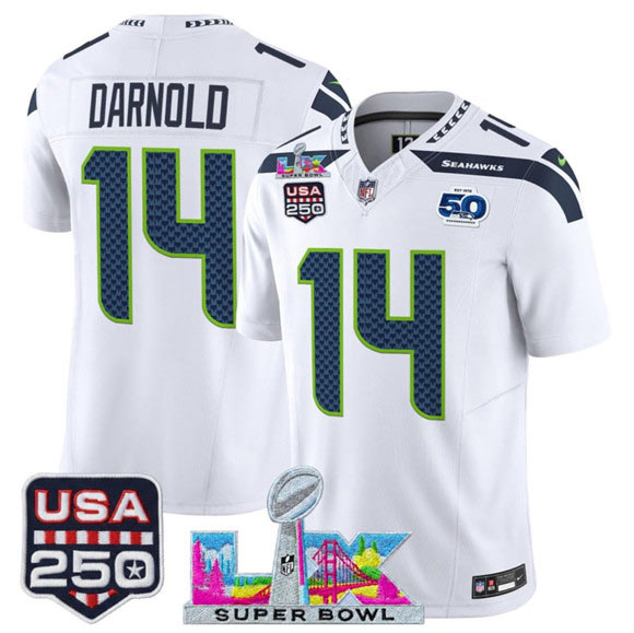 Men's Seattle Seahawks 14 Sam Darnold White 2025 F.U.S.E. Super Bowl LX Patch And 50th Season & USA 250' Patch Vapor Limited Football Stitched Jersey