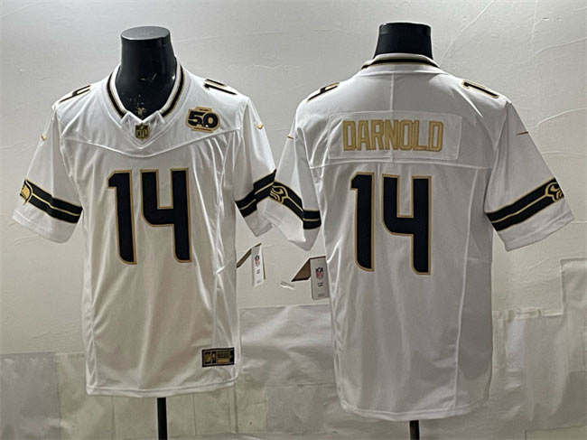 Men's Seattle Seahawks 14 Sam Darnold White Gold 2025 F.U.S.E. 50th Season Patch Vapor Limited Stitched Football Jersey