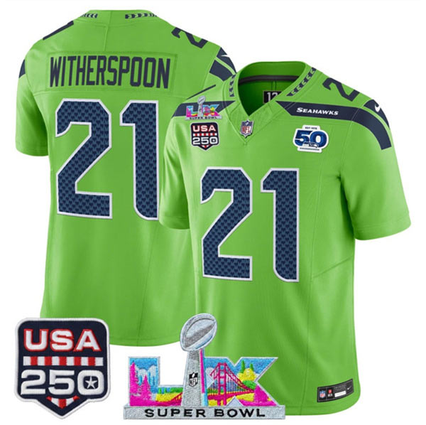 Men's Seattle Seahawks 21 Devon Witherspoon Green 2025 F.U.S.E. Super Bowl LX Patch And 50th Season & USA 250' Patch Vapor Limited Football Stitched Jersey