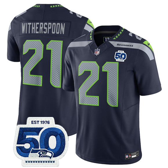 Men's Seattle Seahawks 21 Devon Witherspoon Navy 2025 F.U.S.E. 50th Anniversary Patch Vapor Limited Football Stitched Jersey