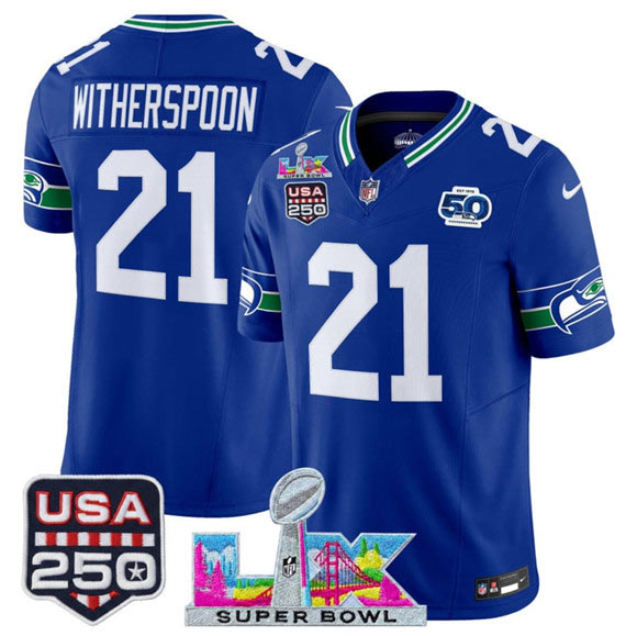Men's Seattle Seahawks 21 Devon Witherspoon Royal 2025 F.U.S.E. Super Bowl LX Patch And 50th Season & USA 250' Patch Vapor Throwback Limited Football Stitched Jersey