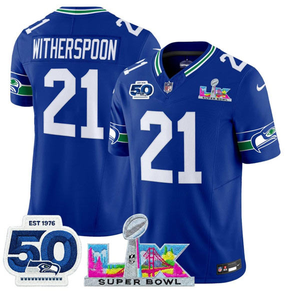 Men's Seattle Seahawks 21 Devon Witherspoon Royal 2025 F.U.S.E. Super Bowl LX Patch And 50th Season Patch Vapor Throwback Limited Football Stitched Jersey
