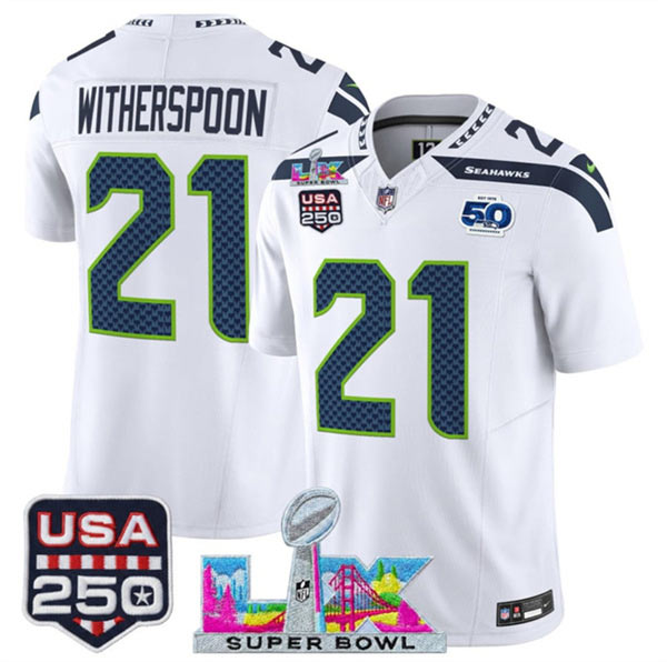 Men's Seattle Seahawks 21 Devon Witherspoon White 2025 F.U.S.E. Super Bowl LX Patch And 50th Season & USA 250' Patch Vapor Limited Football Stitched Jersey