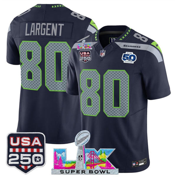 Men's Seattle Seahawks 80 Steve Largent Navy 2025 F.U.S.E. Super Bowl LX Patch And 50th Season & USA 250' Patch Vapor Limited Football Stitched Jersey