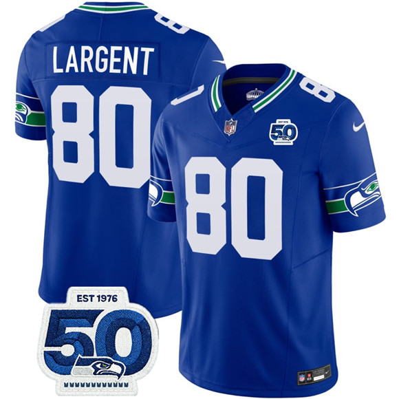 Men's Seattle Seahawks 80 Steve Largent Royal 2025 F.U.S.E 50th Anniversary Patch Throwback Vapor Limited Football Stitched Jersey