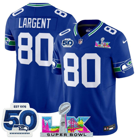 Men's Seattle Seahawks 80 Steve Largent Royal 2025 F.U.S.E. Super Bowl LX Patch And 50th Season Patch Vapor Throwback Limited Football Stitched Jersey