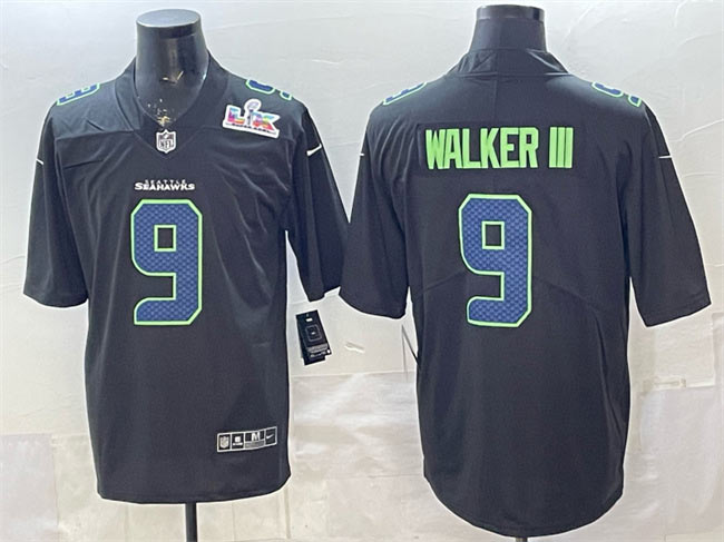 Men's Seattle Seahawks 9 Kenneth Walker III Black 2025 Super Bowl LX Patch Carbon Fashion Vapor Untouchable Limited Stitched Football Jersey