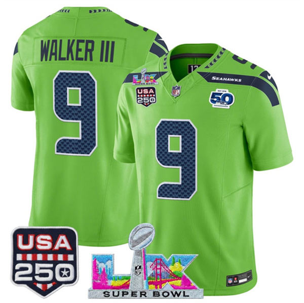 Men's Seattle Seahawks 9 Kenneth Walker III Green 2025 F.U.S.E. Super Bowl LX Patch And 50th Season & USA 250' Patch Vapor Limited Football Stitched Jersey