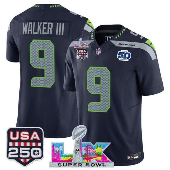 Men's Seattle Seahawks 9 Kenneth Walker III Navy 2025 F.U.S.E. Super Bowl LX Patch And 50th Season & USA 250' Patch Vapor Limited Football Stitched Jersey