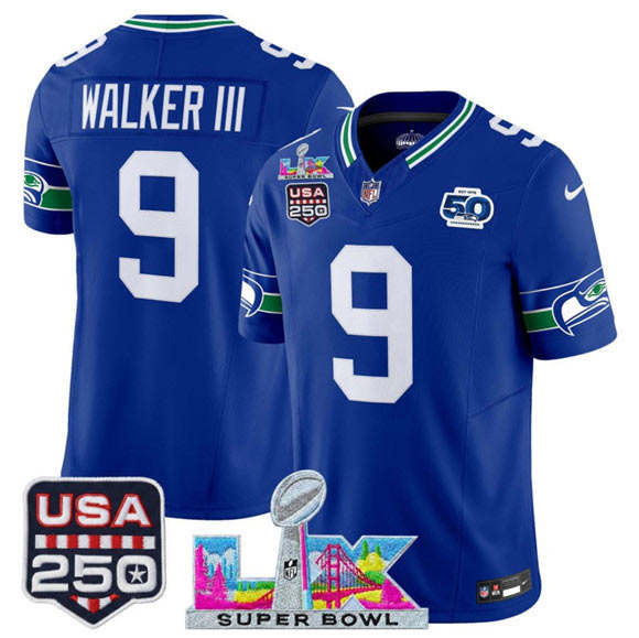 Men's Seattle Seahawks 9 Kenneth Walker III Royal 2025 F.U.S.E. Super Bowl LX Patch And 50th Season & USA 250' Patch Vapor Throwback Limited Football Stitched Jersey