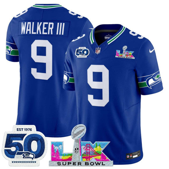 Men's Seattle Seahawks 9 Kenneth Walker III Royal 2025 F.U.S.E. Super Bowl LX Patch And 50th Season Patch Vapor Throwback Limited Football Stitched Jersey