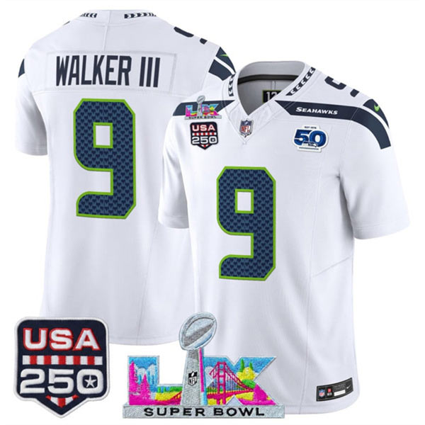 Men's Seattle Seahawks 9 Kenneth Walker III White 2025 F.U.S.E. Super Bowl LX Patch And 50th Season & USA 250' Patch Vapor Limited Football Stitched Jersey