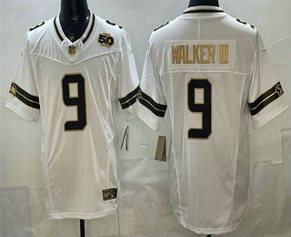 Men's Seattle Seahawks 9 Kenneth Walker III White Gold FUSE 50th Season Patch Vapor Limited Stitched Jersey