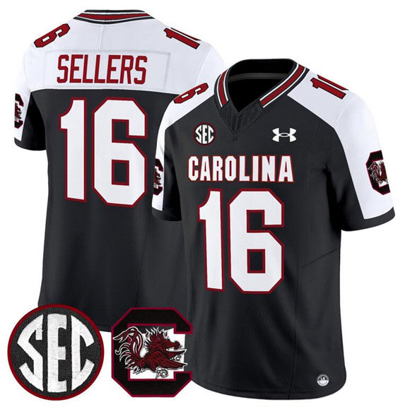 Men's South Carolina Fighting Gamecocks 16 LaNorris Sellers Black White 2025 F.U.S.E. Stitched Jersey