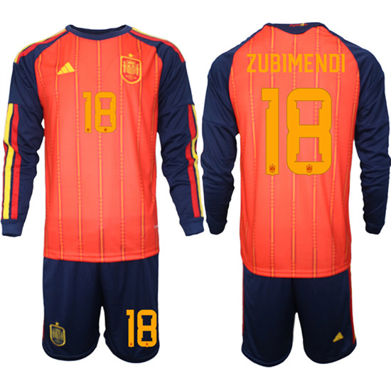 Men's Spain 18 ZUBIMENDI National Team FIFA x World Cup 2026 Long Sleeve Home Red On Field Jerseys