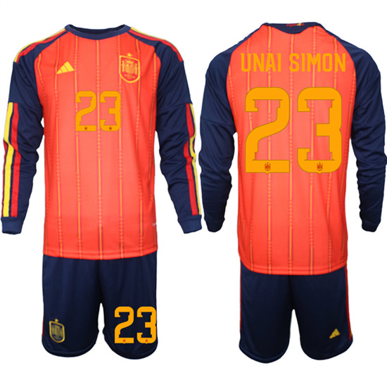 Men's Spain 23 UNAI SIMON National Team FIFA x World Cup 2026 Long Sleeve Home Red On Field Jerseys