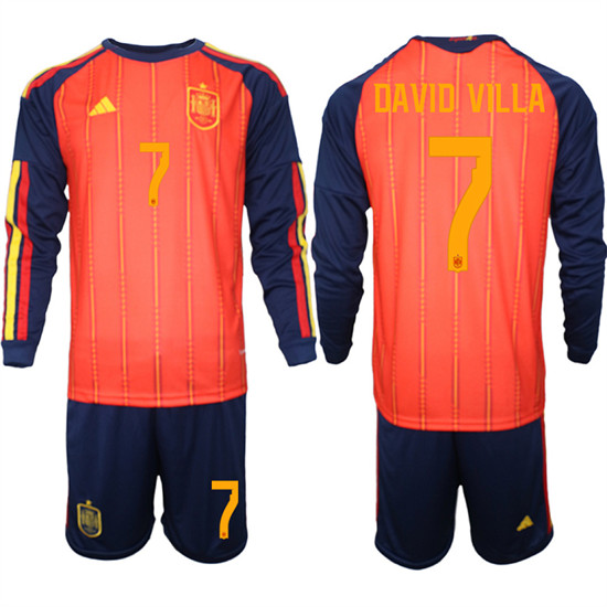 Men's Spain 7 DAVID VILLA National Team FIFA x World Cup 2026 Long Sleeve Home Red On Field Jerseys
