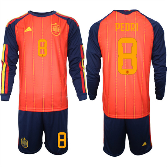 Men's Spain 8 PEDRD National Team FIFA x World Cup 2026 Long Sleeve Home Red On Field Jerseys