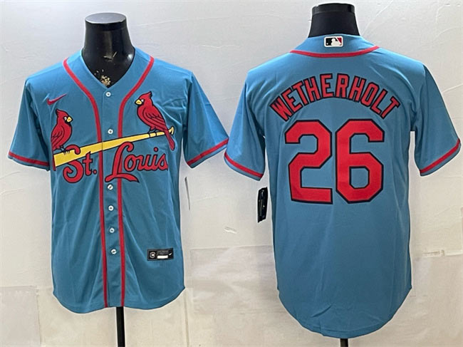 Men's St. Louis Cardinals 26 JJ Wetherholt Blue Cool Base Stitched Baseball Jersey