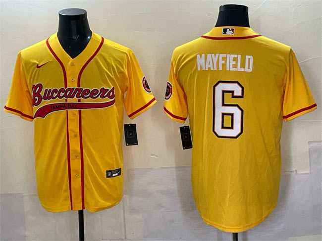 Men's Tampa Bay Buccaneers 6 Baker Mayfield Gold Cool Base Stitched Baseball Jersey