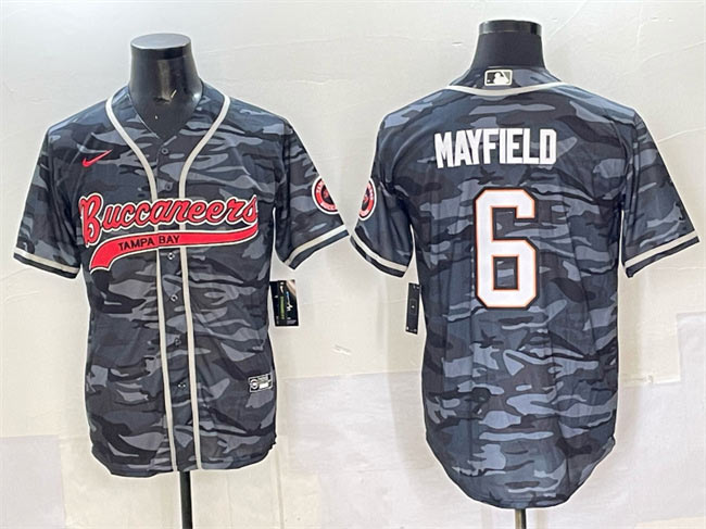 Men's Tampa Bay Buccaneers 6 Baker Mayfield Grey Camo Cool Base Stitched Baseball Jersey