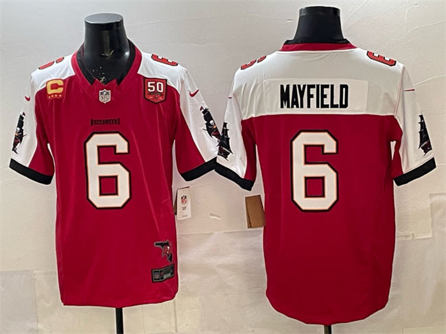 Men's Tampa Bay Buccaneers 6 Baker Mayfield Red Alternate F.U.S.E. 50th Season & 4 Star C Patch Vapor Limited Football Stitched Jersey